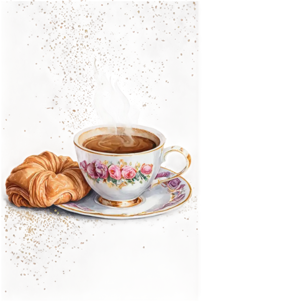 Baroque art style painting, luxury steaming coffee beside croissant, with flowers, hearts, glittering. Add in vibrant flowers in full bloom, scattered hearts to symbolize love, and sprinkle glitter or metallic accents for a touch of opulence. Remember to focus on intricate details and ornate decorations to capture the essence of Baroque art