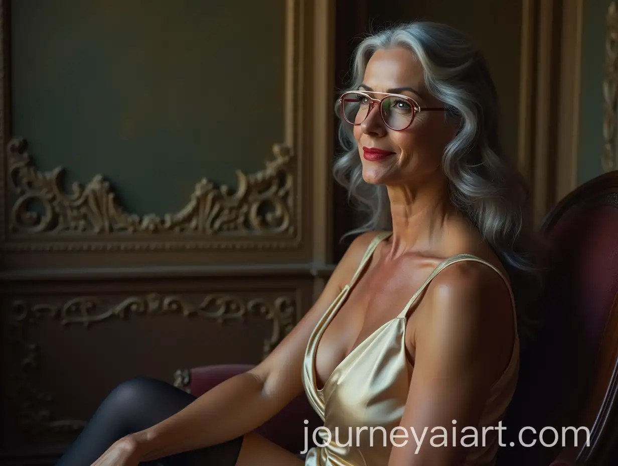 Elegant-60YearOld-Woman-with-Gray-Hair-in-Silk-Dress-and-Black-Stockings