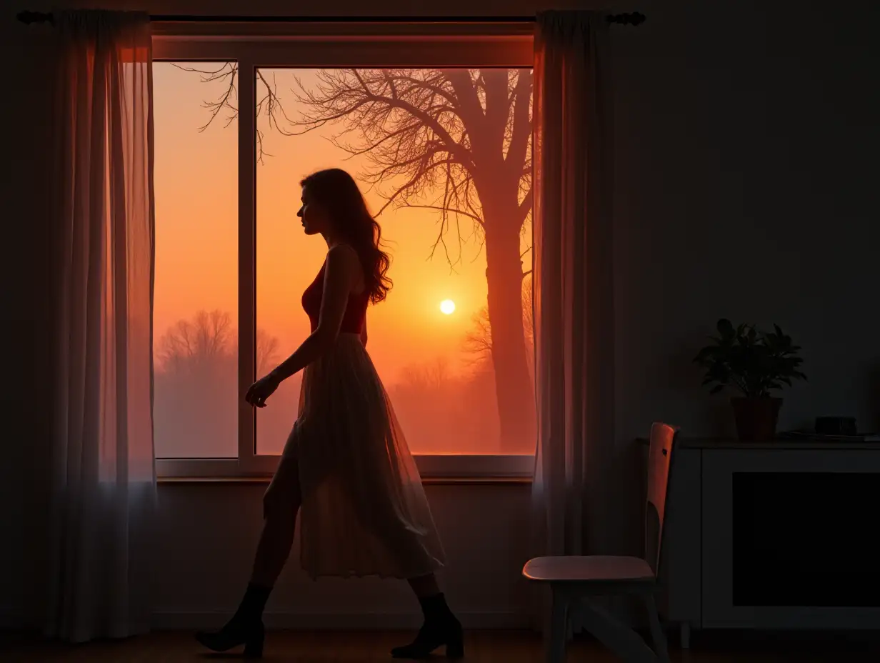 Young beautiful office lady coming home, seems that her tired mind is instantly wrapped in this tranquility. The sun has set and the tree line outside the window looks soft and mysterious in the twilight, the shadows sway on the wall, like a vivid painting.