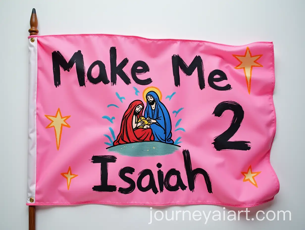 Pink-Flag-with-Number-2-Isaiah-and-Birth-of-Jesus-in-Black-Paint-with-Blue-Red-and-Yellow-Design
