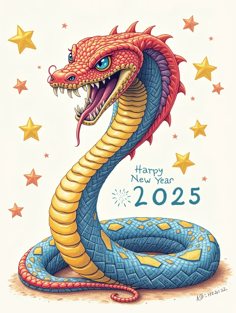 New Year poster, with cobra, inscription '2025', pencil drawing style, many bright colors