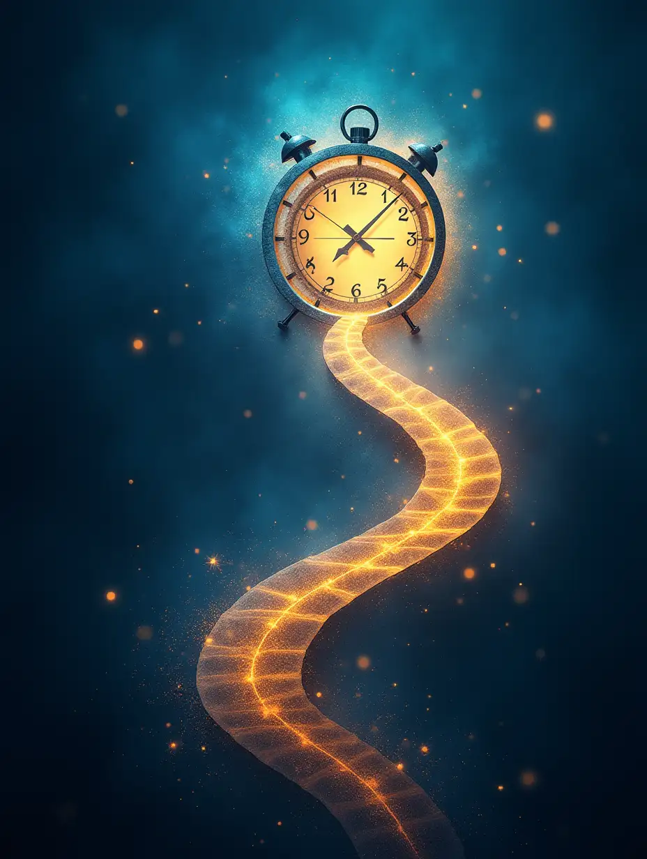 A visually stunning image. The design features a symbolic clock with a dynamic, glowing pathway spiralling outward, representing progress and transformation. The color palette includes vibrant gradients of blue and gold, creating a sense of calmness, focus, and empowerment. The background is textured subtly with soft light flares to enhance the depth, while the title is displayed prominently in bold and elegant typography, blending seamlessly with the harmonious design. The composition conveys productivity, personal growth, and achieving balance.