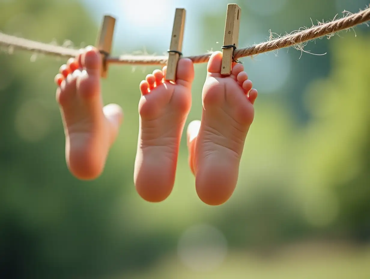 Feet hanging from a clothesline, photo realistic, best quality image.