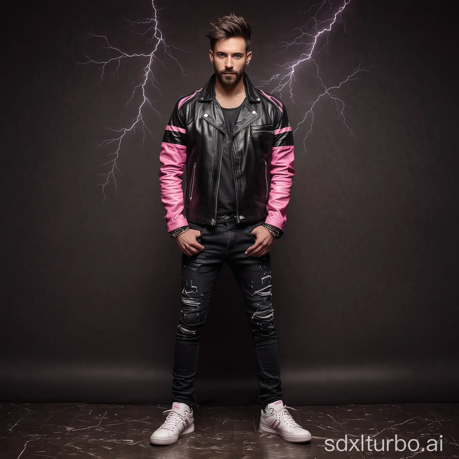 Stylish-Man-in-Neonpunk-Fashion-Against-Stormy-Background