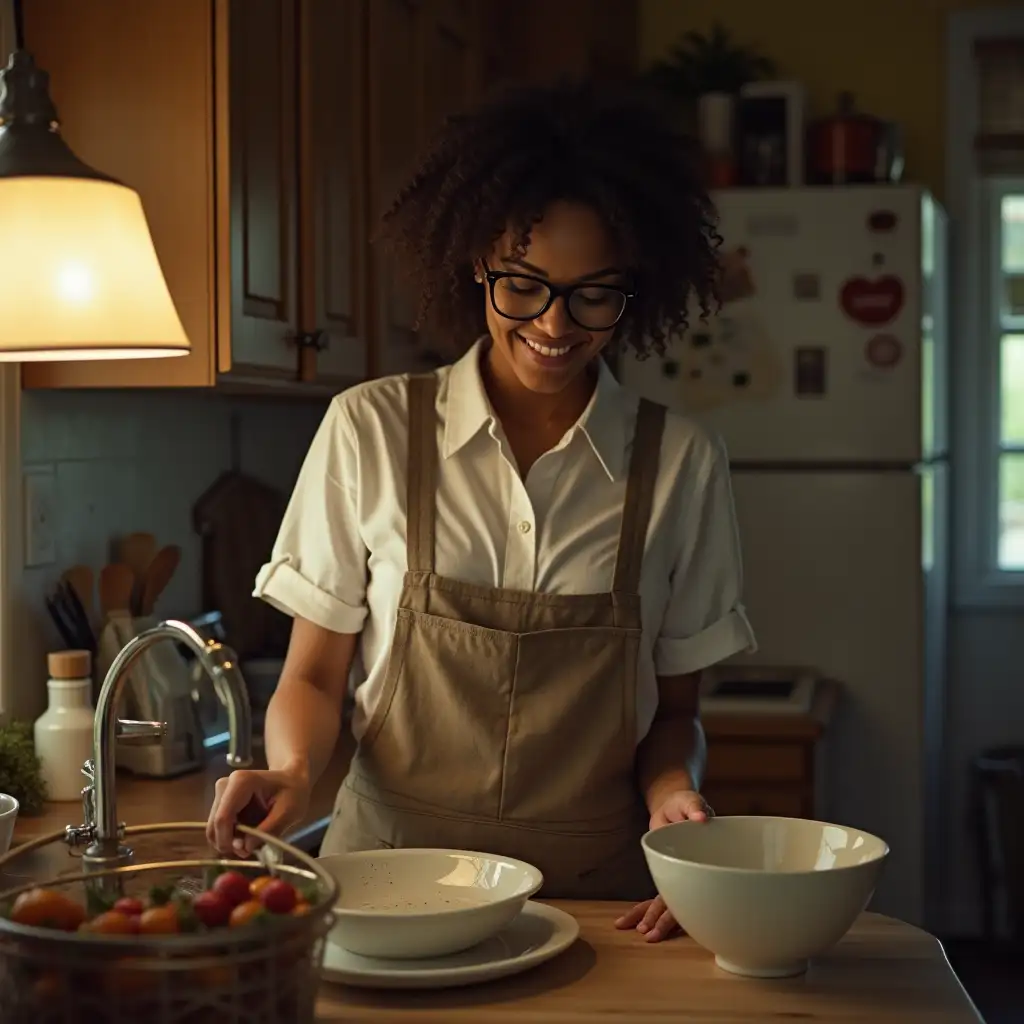 woman in her 30s, wearing black wayfarer glasses, 1/2 african american, in her kitchen, washing dishes, realistic, cinematic,