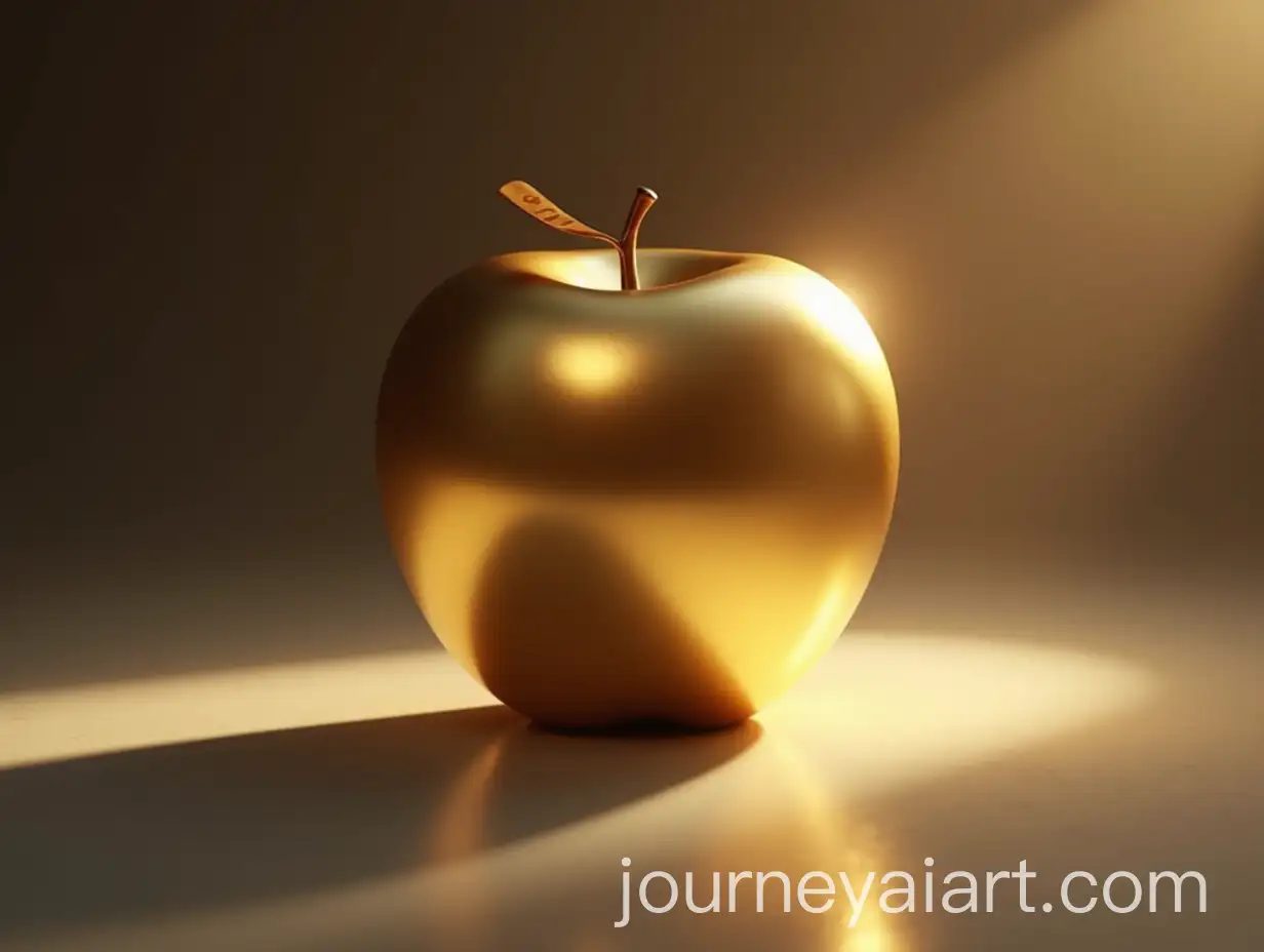 Golden-Metallic-Apple-on-Smooth-Surface-with-Mystical-Fog-and-Soft-Lighting