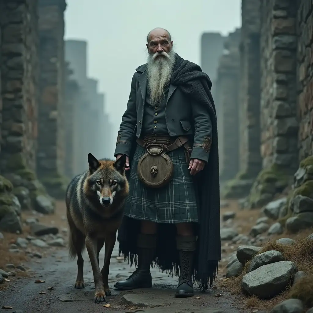 Gray thin old man in a kilt is standing with the demonic wolf in ruins