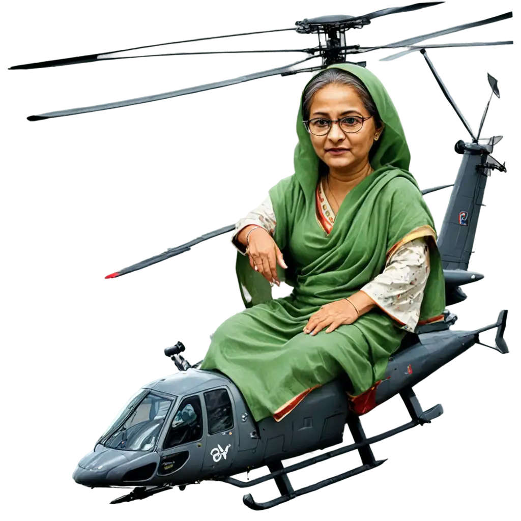 Cartoon of Sheikh Hasina sitting on top of a helicopter