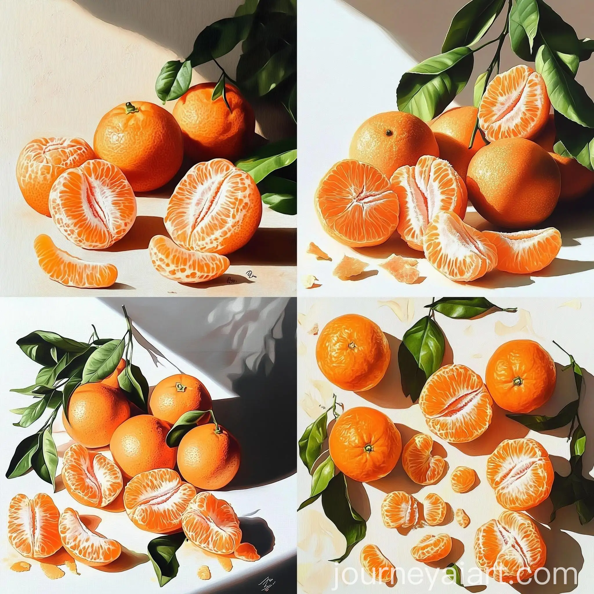 Realistic-Acrylic-Painting-of-Tangerines-with-Leaves-on-White-Background