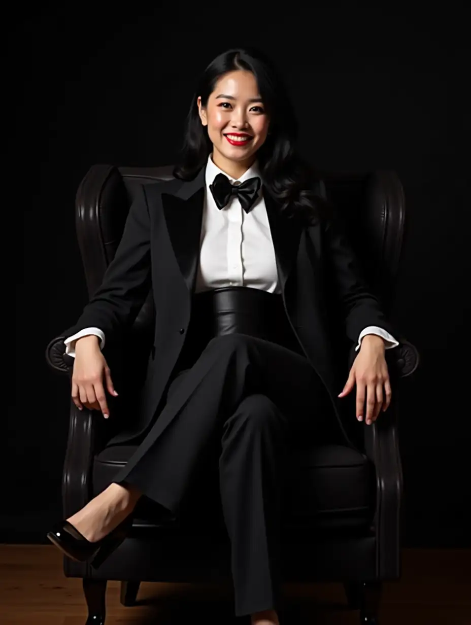 Confident-Chinese-Woman-in-Formal-Tuxedo-Smiling-in-Plush-Chair