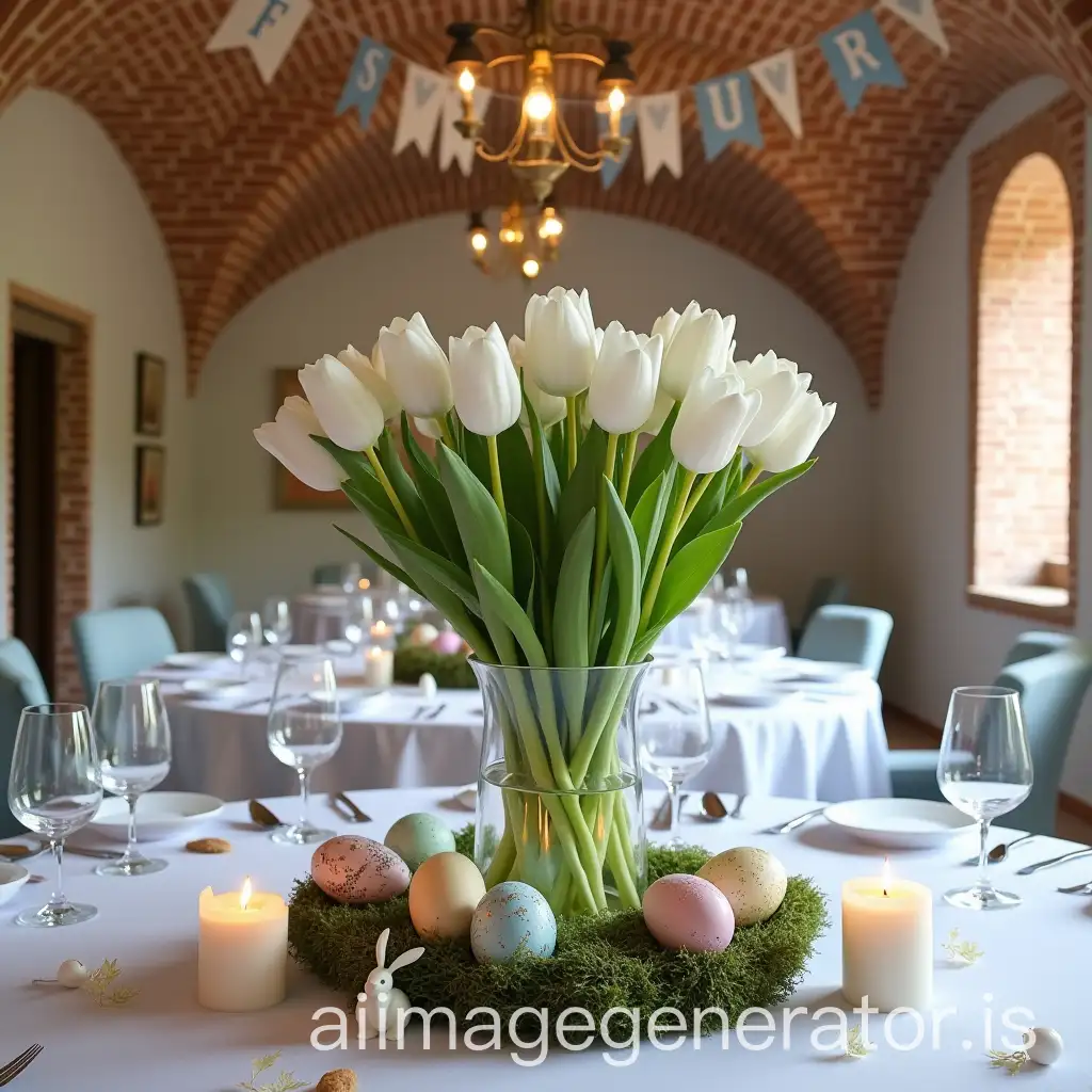 Baptism-Decoration-with-White-Tulips-Easter-Eggs-and-Blue-Sky-Garland