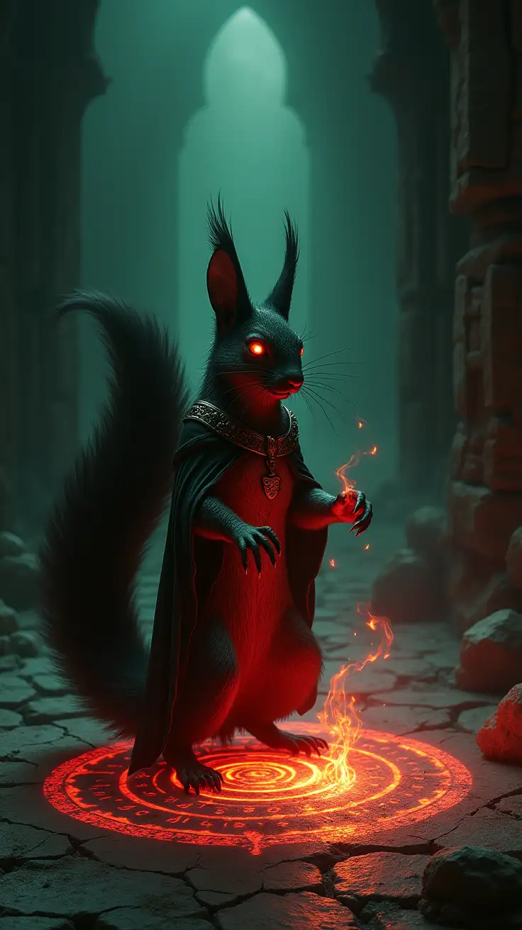 A solitary warlock squirrel stands in the heart of a shadow-drenched chamber with a dark glowing plasma like mist surrounding him, its sleek, scorched-black fur shimmering faintly under the glow of an intricate, pulsing enchantment circle carved into the cracked stone floor. The circle blazes with blood-red and sickly green light, its runes glowing as if alive, emitting faint tendrils of smoke that coil upward into the oppressive darkness. The squirrel’s ember-like eyes burn with a terrifying intensity, its jagged claws raised and sparking with volatile arcs of crimson magic. Its tattered robes which are ablaze with glowing fire like magic, stitched with tarnished brass and glowing sigils, ripple with unseen forces, faint scorch marks revealing layers of charred fur beneath. The air around it distorts, heavy with malevolent energy, as faint echoes of grinding metal and hissing steam resonate from the unseen depths of the chamber. Jagged shadows crawl across the walls, which are etched with faint, ancient glyphs, their light barely piercing the suffocating darkness that presses closer with each pulse of the spell’s power