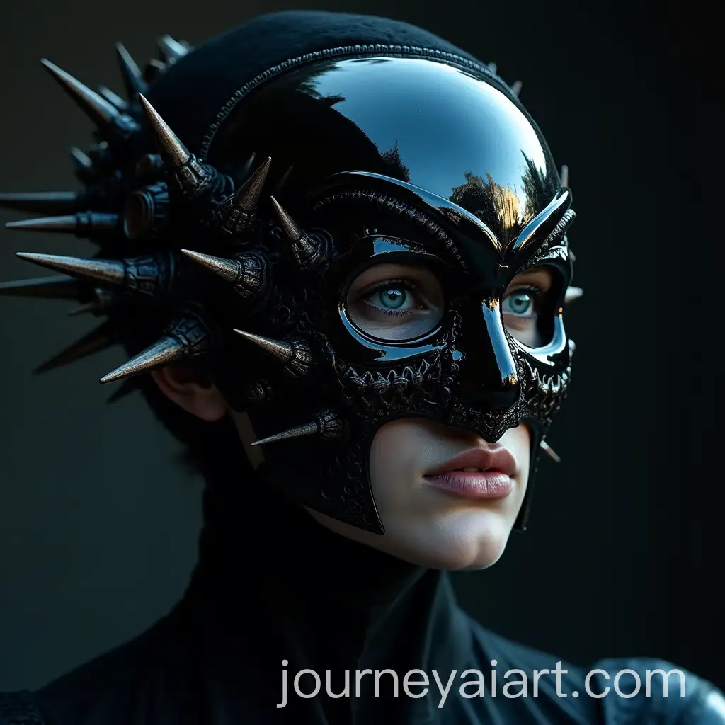 CloseUp-of-Person-Wearing-Dramatic-Metallic-Skull-Mask-with-Spikes-and-Reflective-Detailing