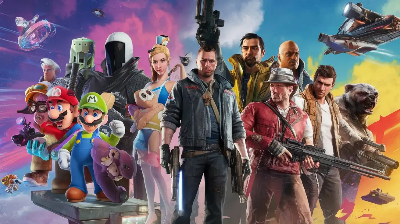 Create a epic crossover scene, featuring iconic video game characters taking a group photo. Including Mario from Super Mario, Bill Rizer from Contra, Ghost from CS:GO, Ahri from League of Legends, Peely from Fortnite, Michael De Santa from GTA5, a custom character from PUBG, Captain Price from Call of Duty, V from Cyberpunk 2077, Arthur Morgan from Red Dead Redemption 2, Marcus Holloway from Watch Dogs 2, and Nick from Far Cry 5. They should be posing in a lively and dynamic background, reflecting elements from their respective games, showcasing their unique styles and personalities.