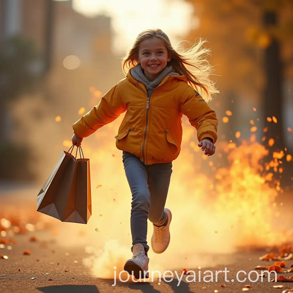 Young-Girl-Running-with-Shopping-Bag-Evading-Fire-in-Motion