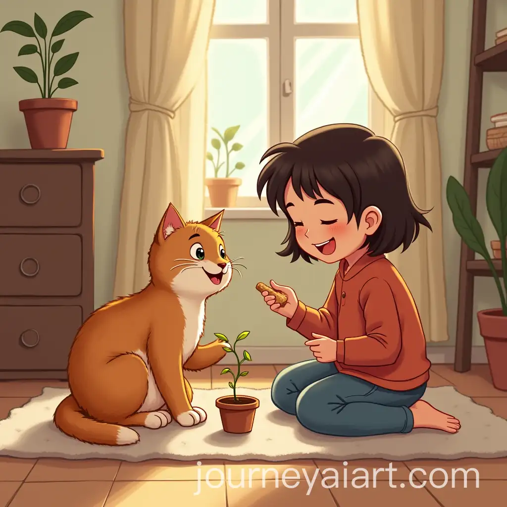 Child-Feeding-Content-Cat-on-Cozy-Rug-in-Tidy-Warm-Room