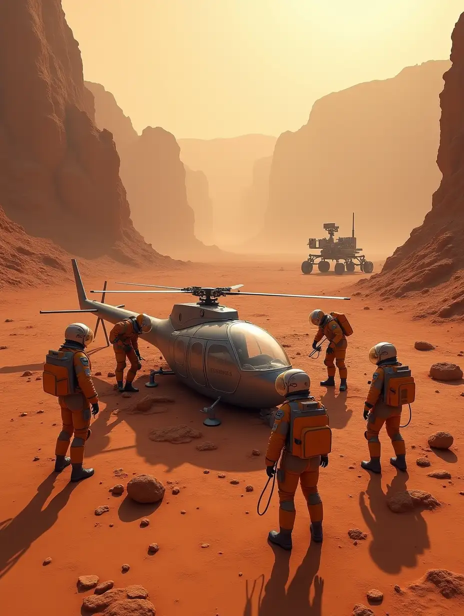 A hyper-realistic 16K resolution image of NASA scientists meticulously investigating the crash site of Ingenuity on the rugged Martian terrain. The desolate landscape is bathed in a dim, orange-hued light from the planet's thin atmosphere, with towering red rock formations and dusty plains stretching into the distance. The remnants of the Ingenuity helicopter lie partially buried in the fine Martian sand, surrounded by scattered debris and faint scorch marks. The scientists, wearing high-tech space suits with transparent visors, are intensely examining the site with advanced tools and holographic displays projecting data about the crash. In the background, a Mars rover stands idle, casting long shadows, while distant dust storms add an element of tension to the scene. The image captures the blend of human ingenuity and the harsh beauty of Mars, with every detail rendered in breathtaking clarity.