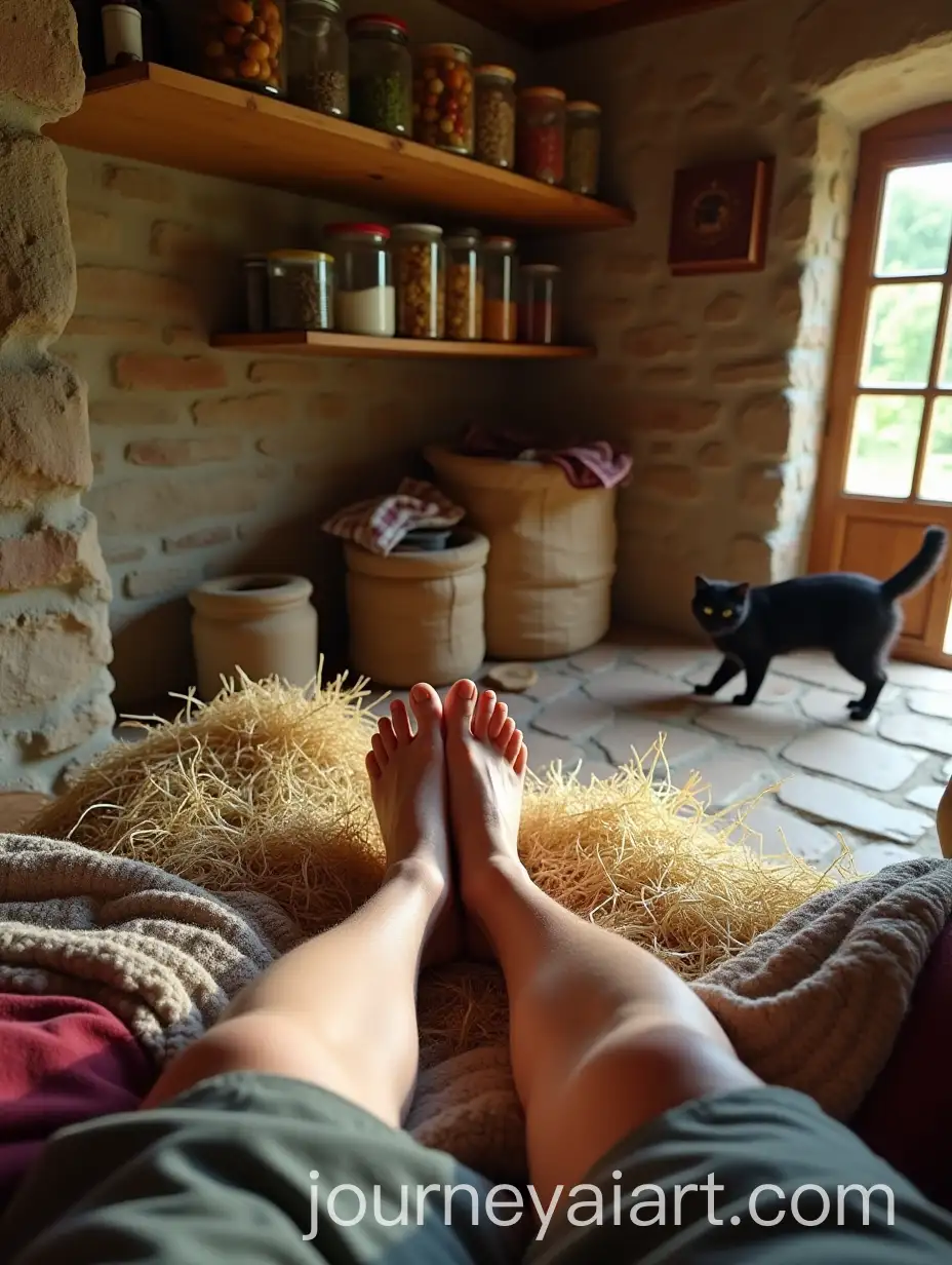 Chefs-POV-in-Rustic-Cottage-with-Bare-Feet-Herbs-and-Copper-Pots
