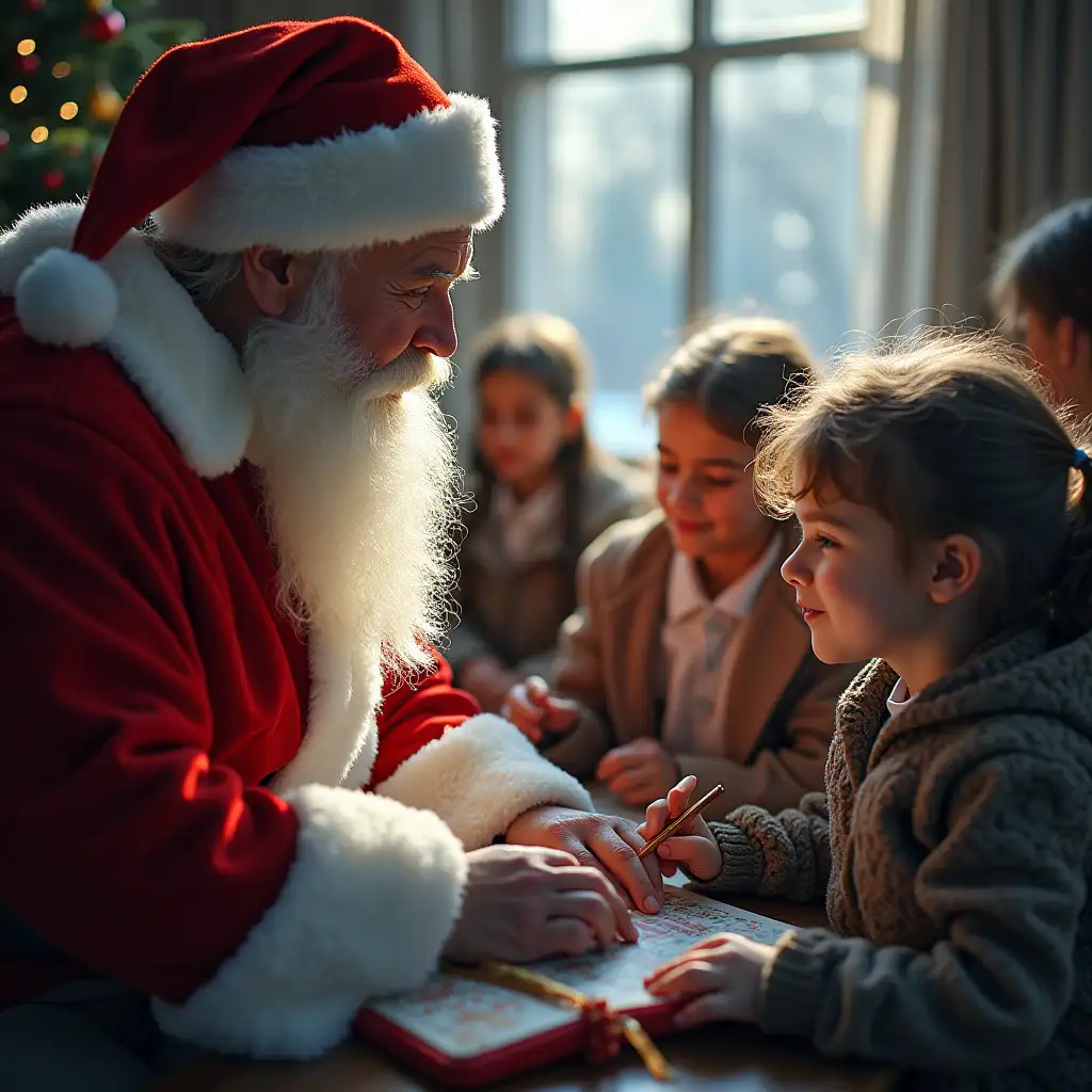 Santaclaus is playing with children .long view ,playing with uniform students.ultrarealistic image.