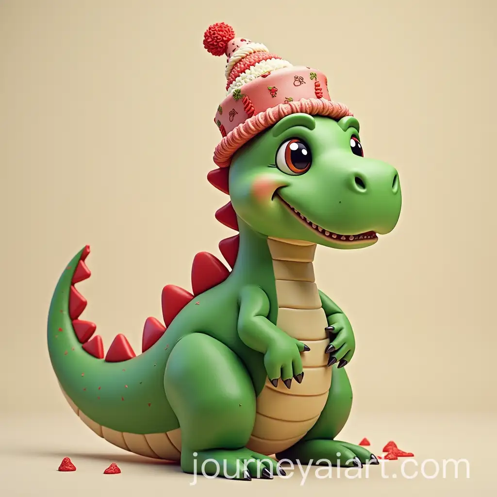 Whimsical-Green-and-Red-Dinosaur-Wearing-a-Cake-Hat