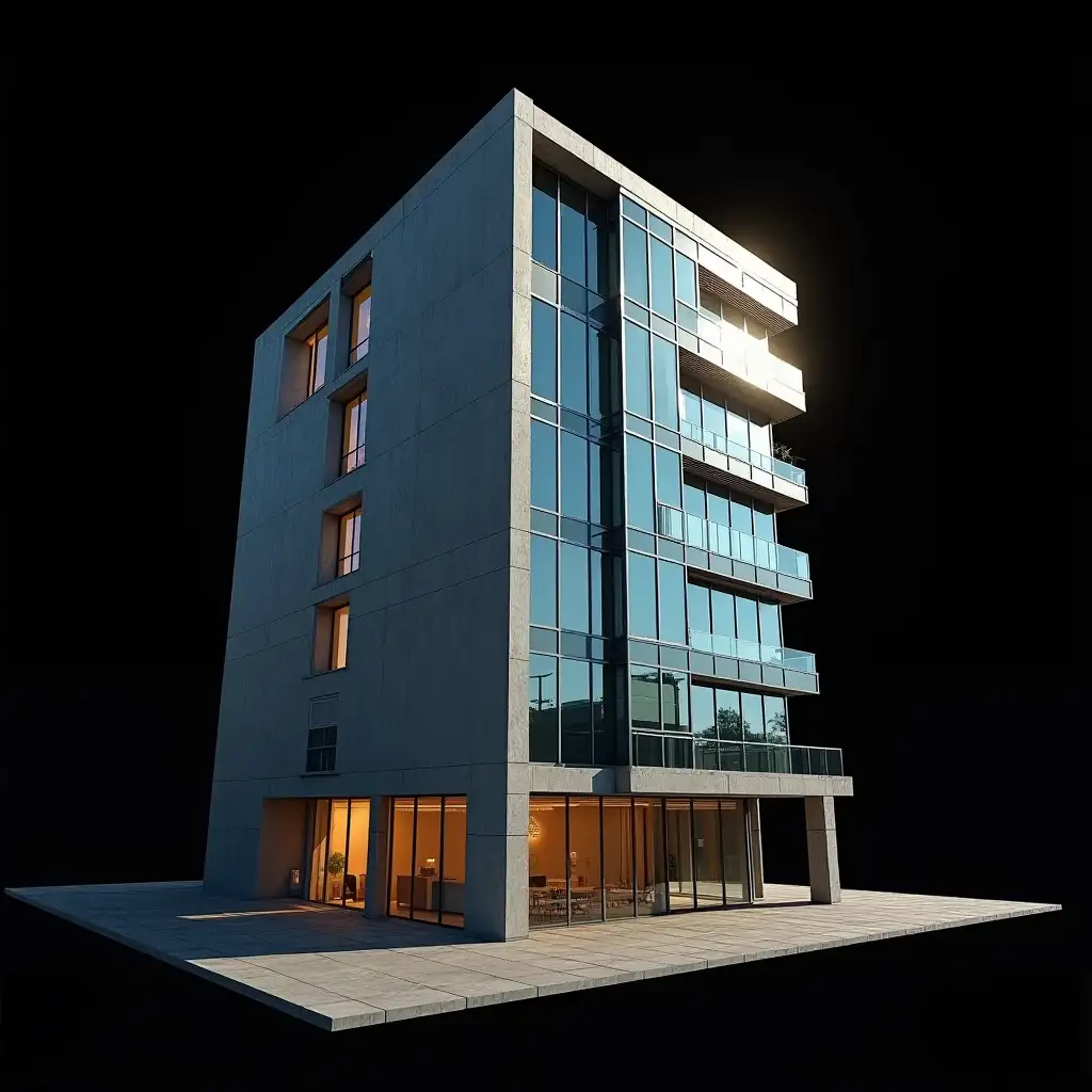 Modern-Corporate-Building-with-Sleek-Glass-Panels-and-Dramatic-Lighting
