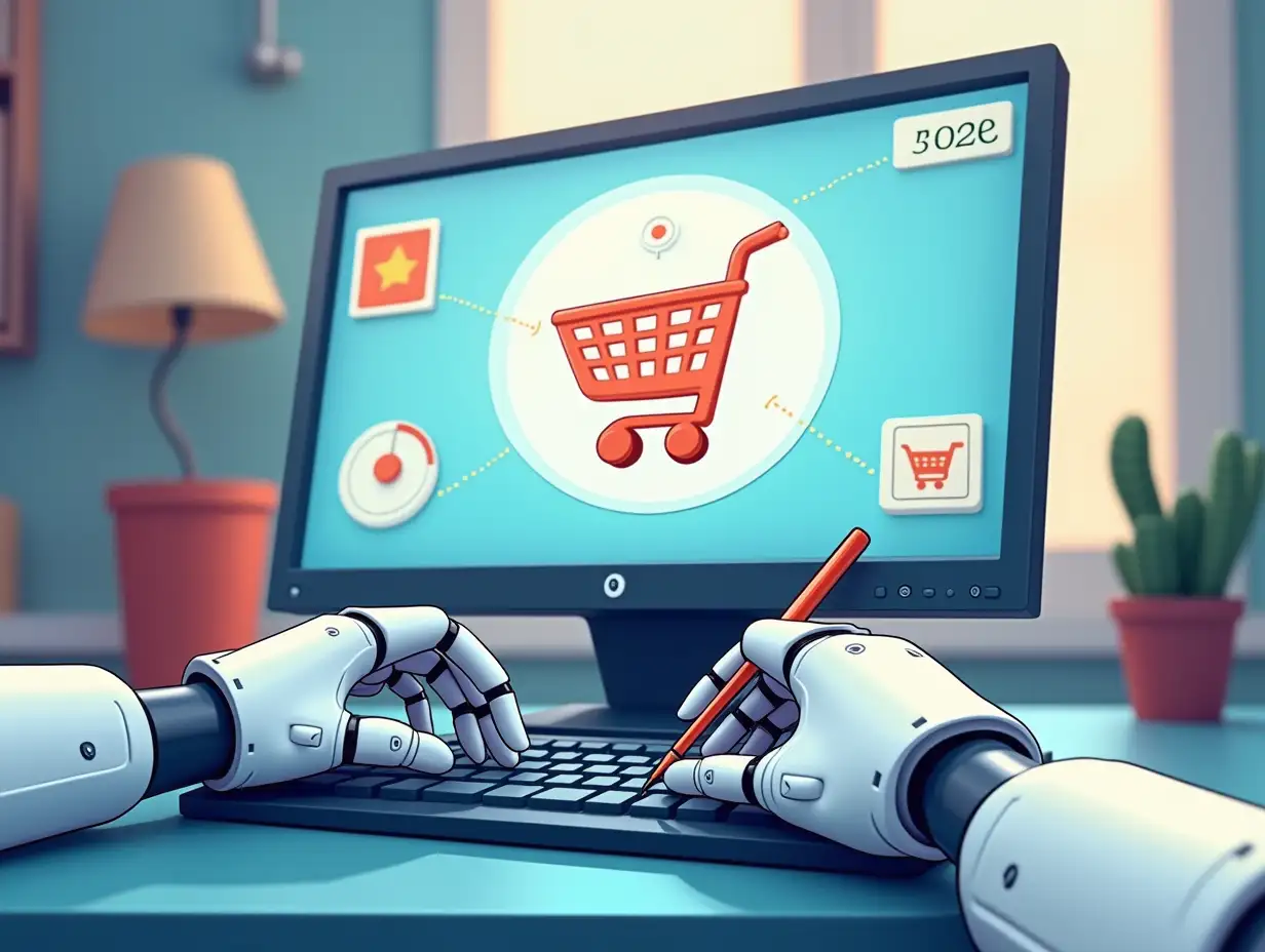 image in cartoon style  perspective Point of VIEW, POV style, of two robot hands that write on a keyboard  On the computer screen there is an image of a shopping cart for online order, and also of a dot that indicates the position for tracking the purchase order