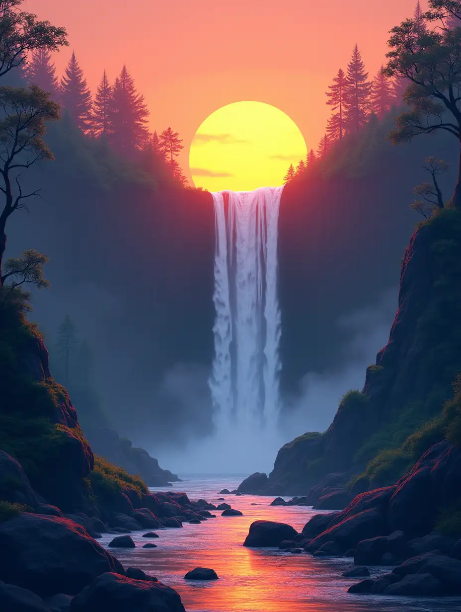 Create an image of a scene that looks natural and not like AI-generated, as if I drew it, with GOA, waterfall, sunset