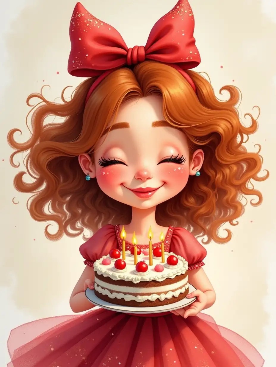 A caricatured tender funny girl in full growth, European appearance DreamWorks reddish curls, drawing of eyelashes, closed eyes, rosy chubby cheeks with freckles, plump lips laughing. On her head there is a large red bow, dressed in a red fluffy dress with sparkles, Holdinglarge cake with candles, ink rendering, 4k, high detail, photorealistic, airy, realistic watercolor, photorealism, wide strokes,