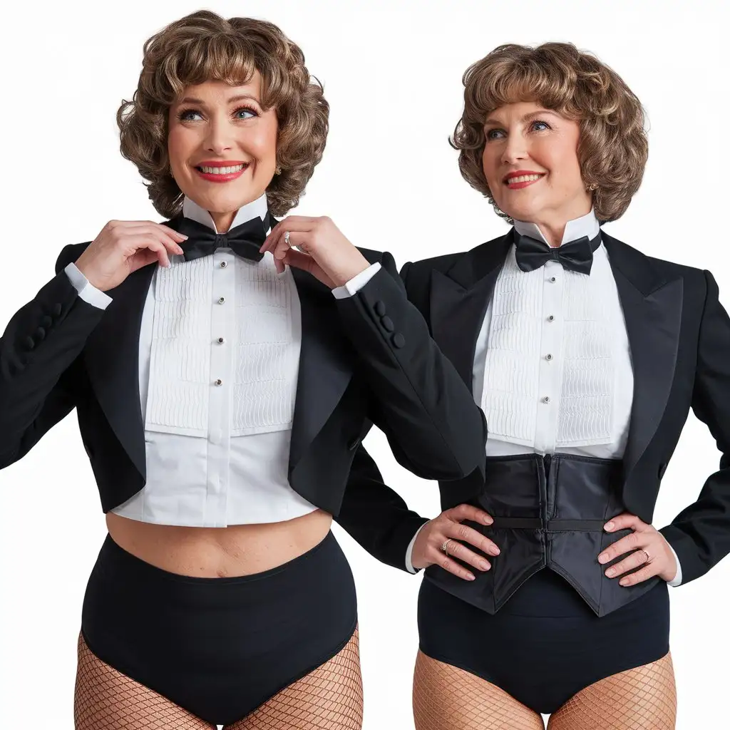 Two matching sweet beautiful middle-aged smiling busty fat obese body type with large wide hips Caucasian white female woman, with short dark blonde tight curly 1980s hair with curly bangs, wearing a very formal orchestra concert tuxedo with black long sleeve high cut cropped Eton jacket, white cropped tuxedo shirt, with tight very high standing Gladstone wingtip collar, and many thick vertical pleats front, black diamond point bow tie with black very thick wide adjustable neckband, black cummerbund, black tight high-cut spandex brief, nylons, one women facing the viewer while tugging on her bow tie while the other woman has her back to the viewer, standing in a white bedroom, full front view.