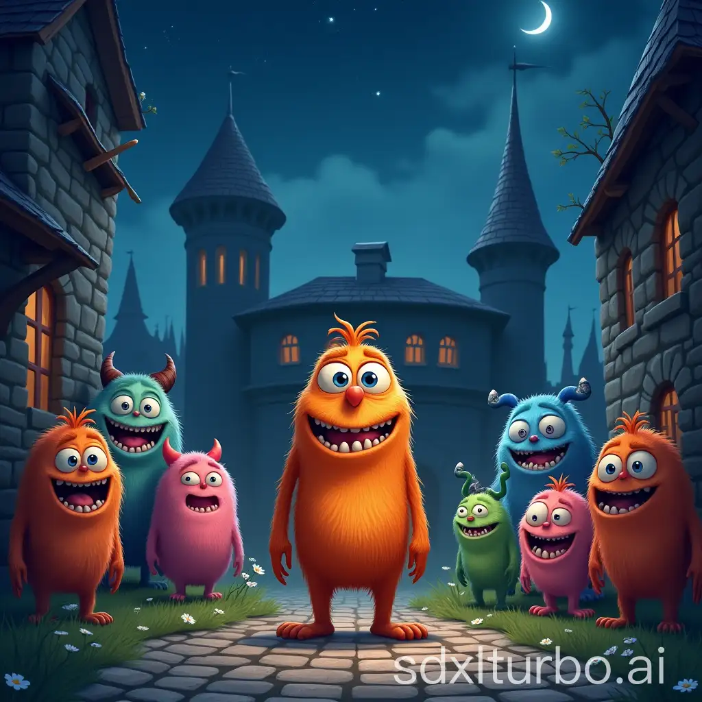 A whimsical scene featuring a diverse group of animated monsters gathered in front of a medieval castle under a starry night sky. The creatures exhibit a range of vibrant colors, sizes, and expressions, some with exaggerated features like big eyes and wide smiles. A prominent orange monster with sharp teeth and a pointed nose stands at the center on a cobblestone path, framed by the detailed stone castle with towering turrets. The atmosphere is enchantingly cheerful and playful, inviting viewers into a fantastical world.