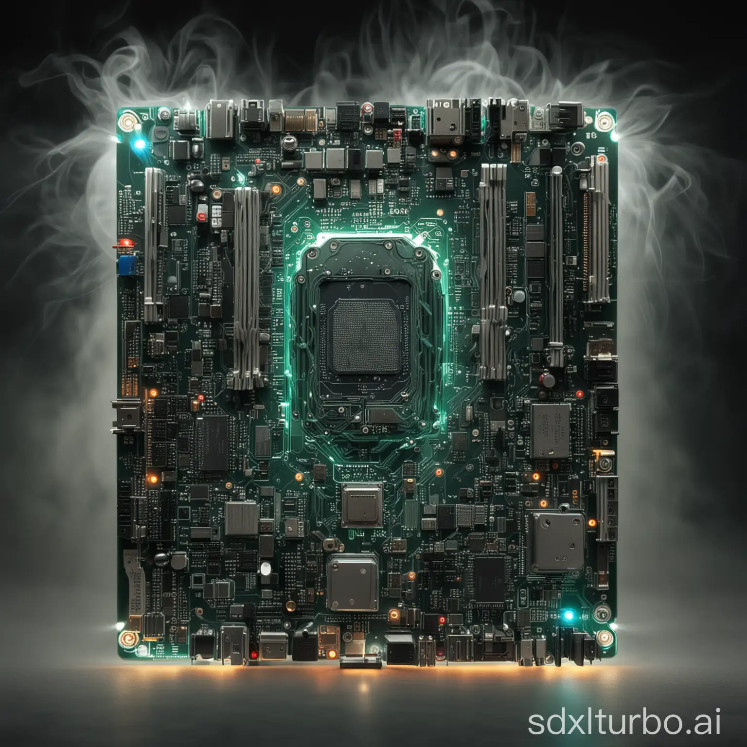 motherboard with self emitting light circuits on foggy environment