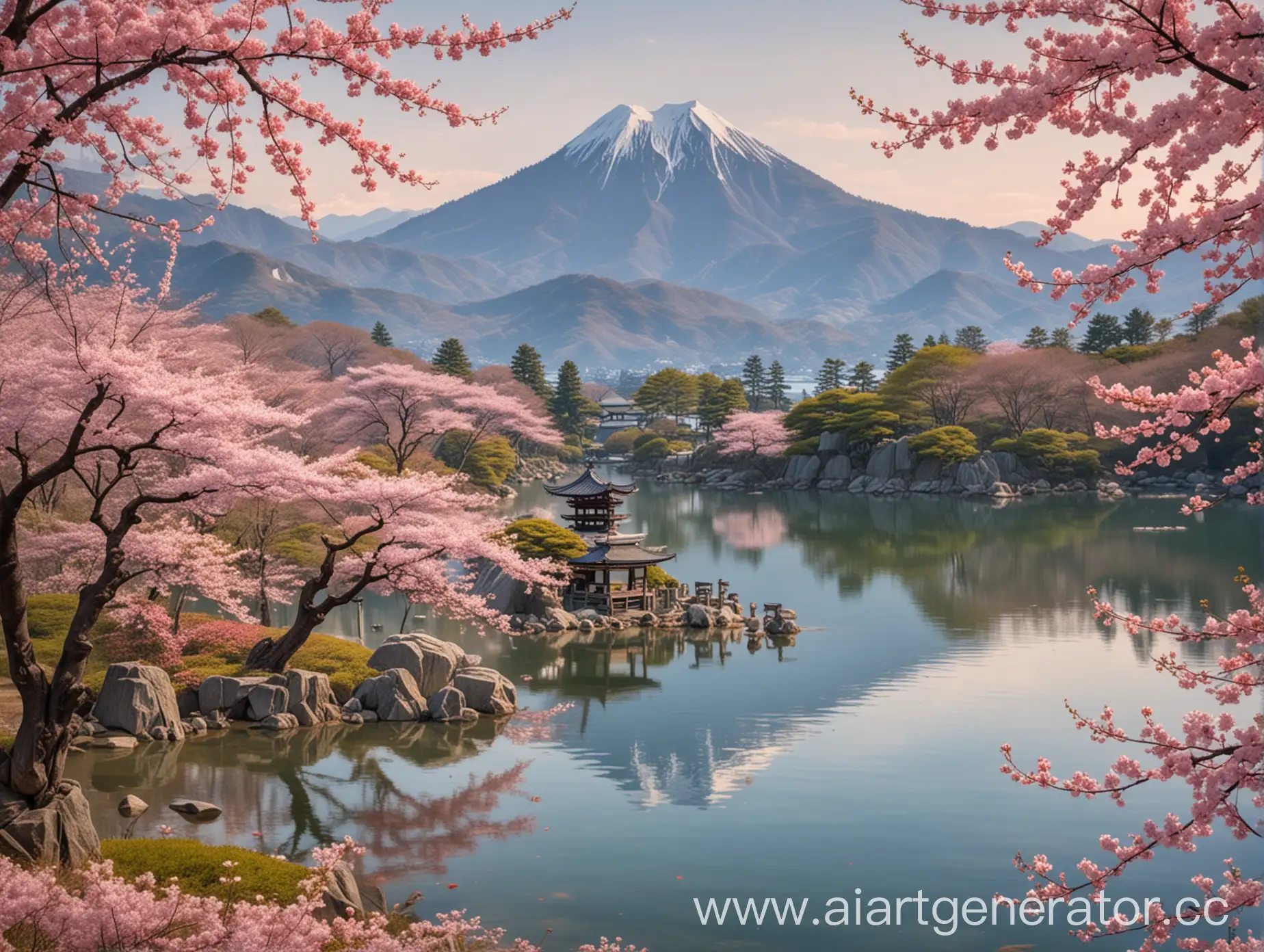 Serene-Mountain-Lake-with-Shinto-Shrine-and-Cherry-Blossoms