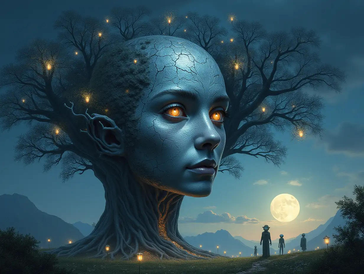 Creating a digital painting of a face with hair turning into a building with silver stone and illuminated trees with roots and lanterns and alien beings on a moonlit meadow