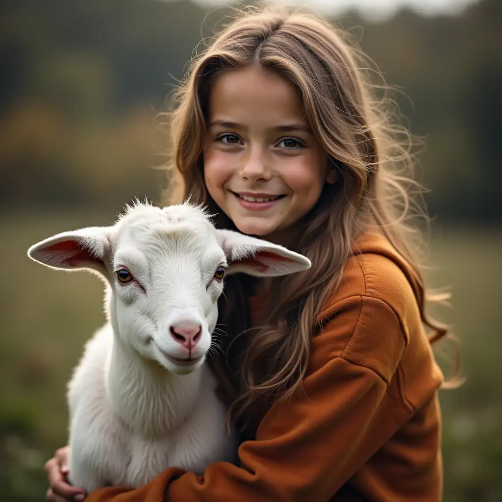 20 years old beautiful girl with a goat kid