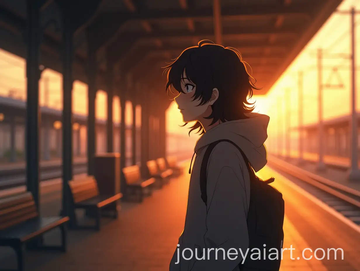Animestyle-Portrait-of-a-21YearOld-Man-at-an-Empty-Railway-Station-During-Golden-Hour
