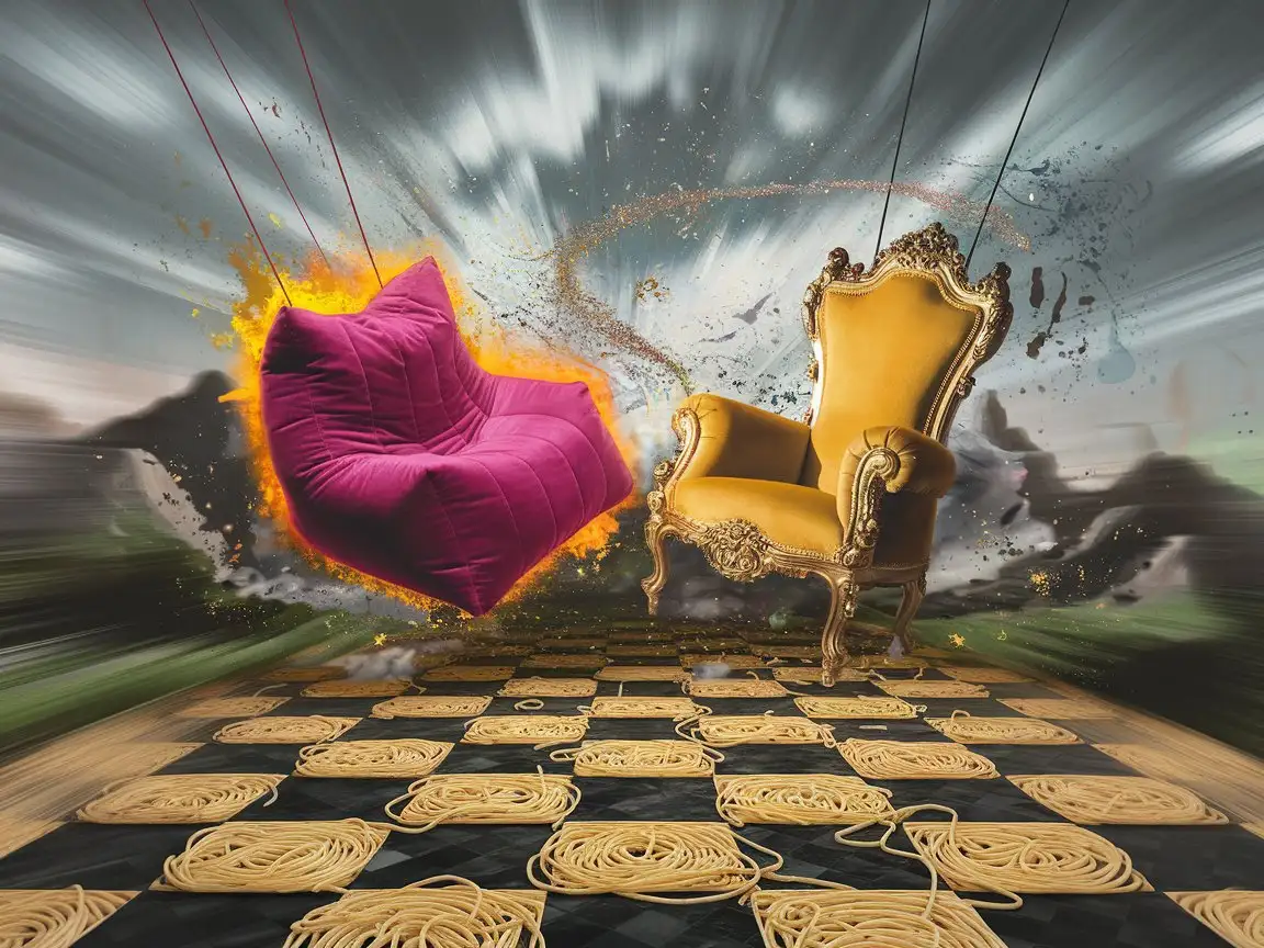 Two wildly clashing chairs—one neon pink beanbag, the other a baroque golden throne—floating above a checkerboard floor made of spaghetti. Paint splashes radiate like a warzone of interior decorators. One chair leaks glitter. The other is on fire but emotionally stable.