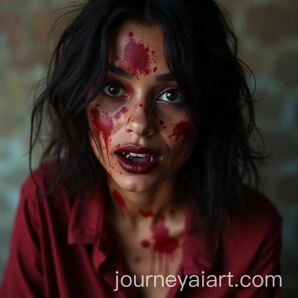 Blasian-Woman-with-Vampire-Fangs-in-Grunge-Style-Red-Paint-Splatters-and-Dark-Makeup