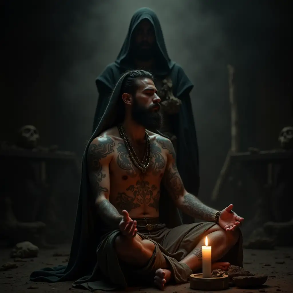 Create an image of a male tattooed Druid  waiting blissfully in meditation. A candle close to him. A hooded tattooed Druid stands in the background. It is a dark mysterious ceremonial setting.