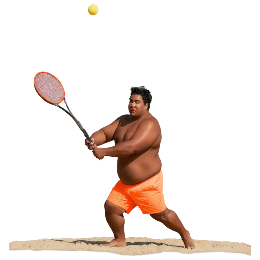 HighQuality-PNG-Image-Brown-Fat-Short-Guy-with-Orange-Shorts-Playing-Beach-Tennis