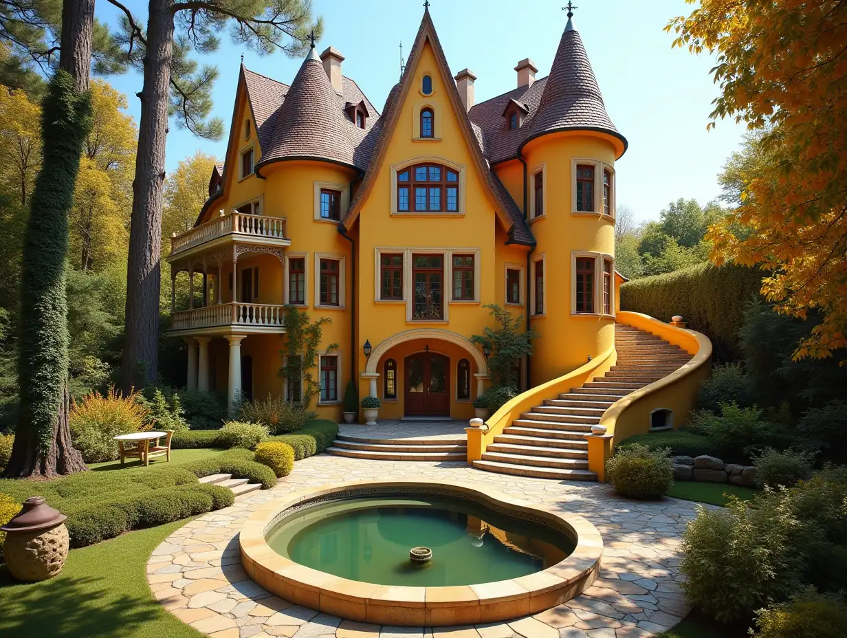 Crooked house, garden  Bepflanzung-Sauber, with golden stucco, large windows with glass to, curved, smooth window shapes, winding grand entrance staircase of marble, Complex pointed roof with pond, lanterns, bench made of gold, orange tree 4K resolution colorful superwide-angle shots