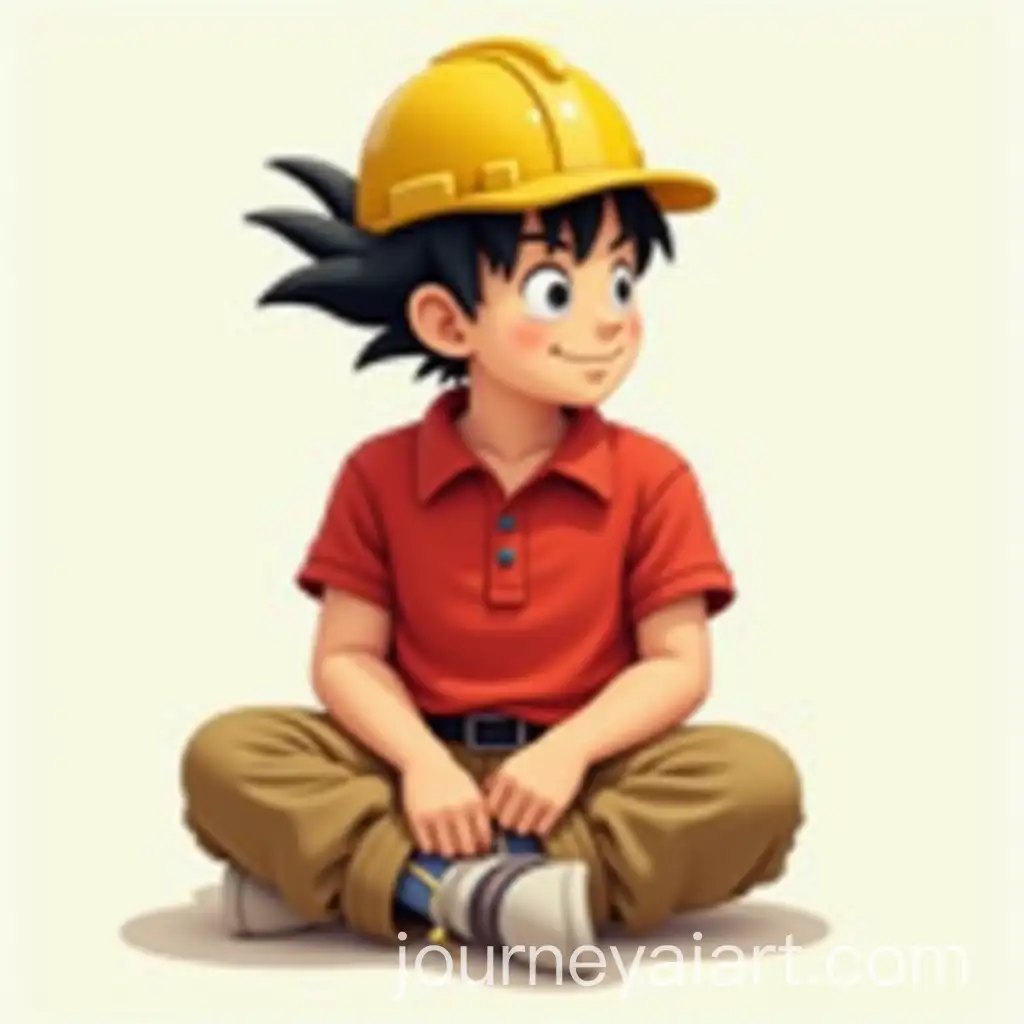 Goku-in-Red-Polo-Shirt-and-Yellow-Hard-Hat-Sitting-in-Profile