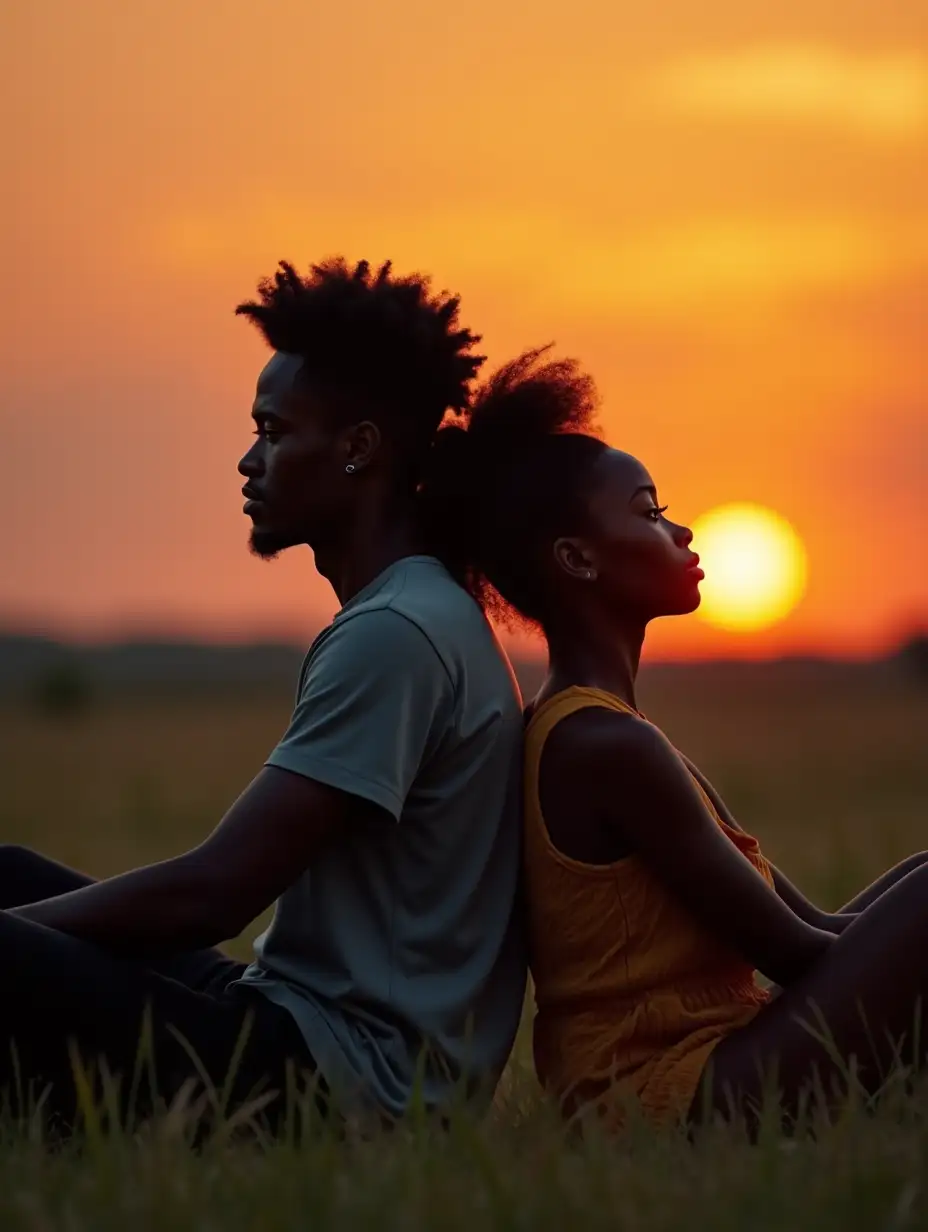 A black American male teenager sitting back to back with an ebony female teenager.they are both sitting on the grass with a sunset at the back.very realistic