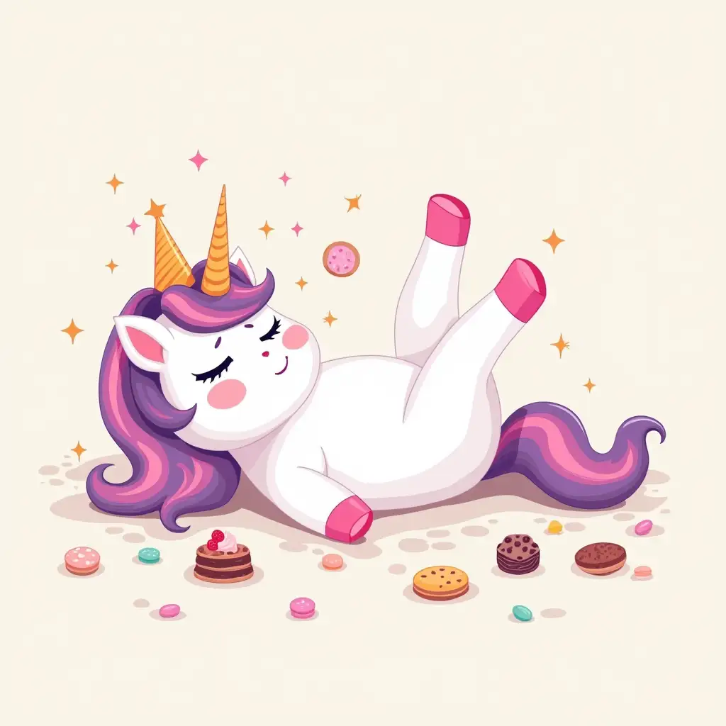 The unicorn is lying on its back. With belly up. Stretching legs forward. Eyes closed. She gorged herself and fell asleep. She gorged on sweets at the birthday party. Vector illustration. The unicorn is very cute. There's a festive hat on her ear. Candies and cookies are scattered around her. The illustration is very cute.