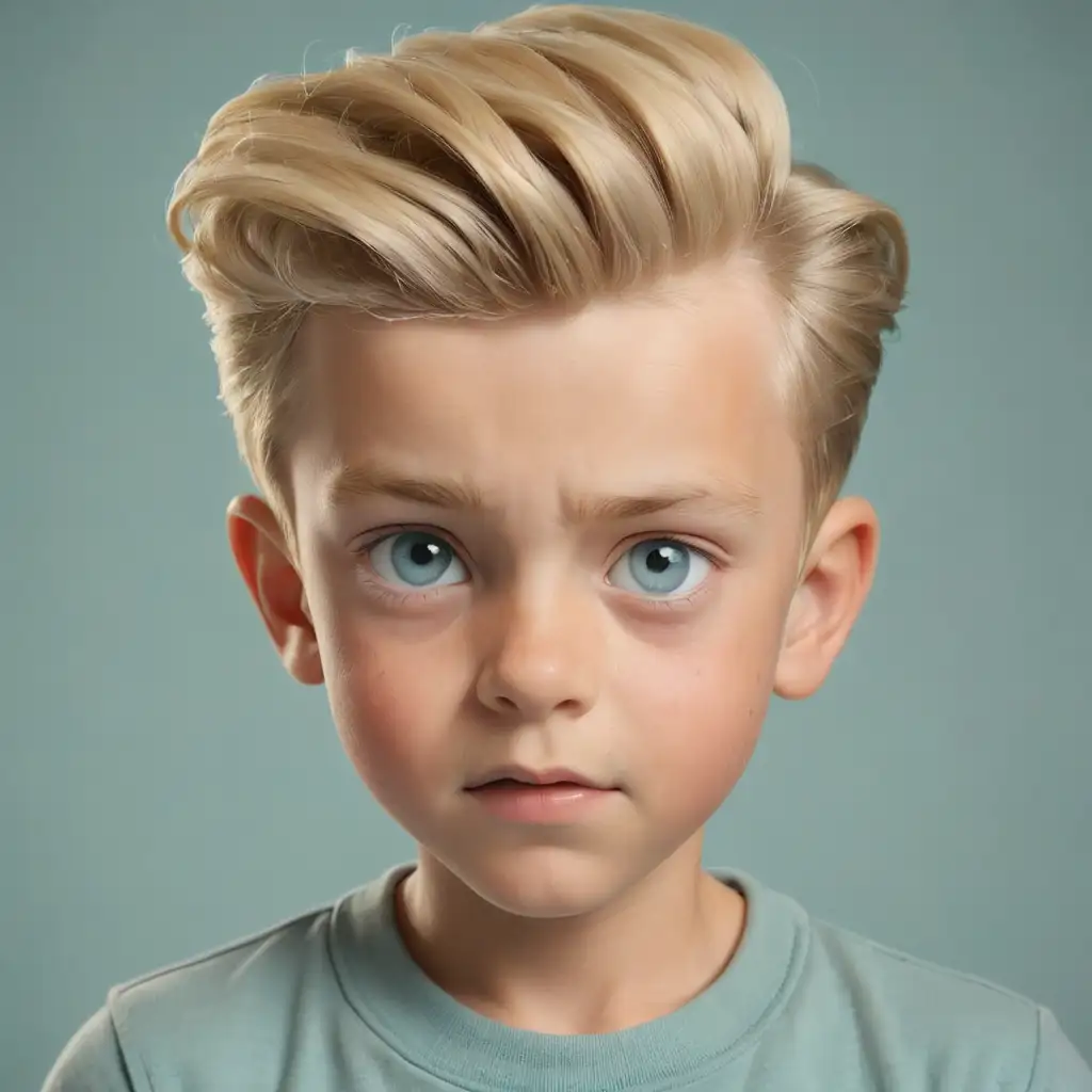 A close-up portrait of a young boy with a classic 1950s-style pompadour hairstyle, light-medium blonde hair, light teal-blue t-shirt, and light-grey-blue eyes, exuding a playful curiosity and a soft focus, with a slightly intense, yet sweet expression.