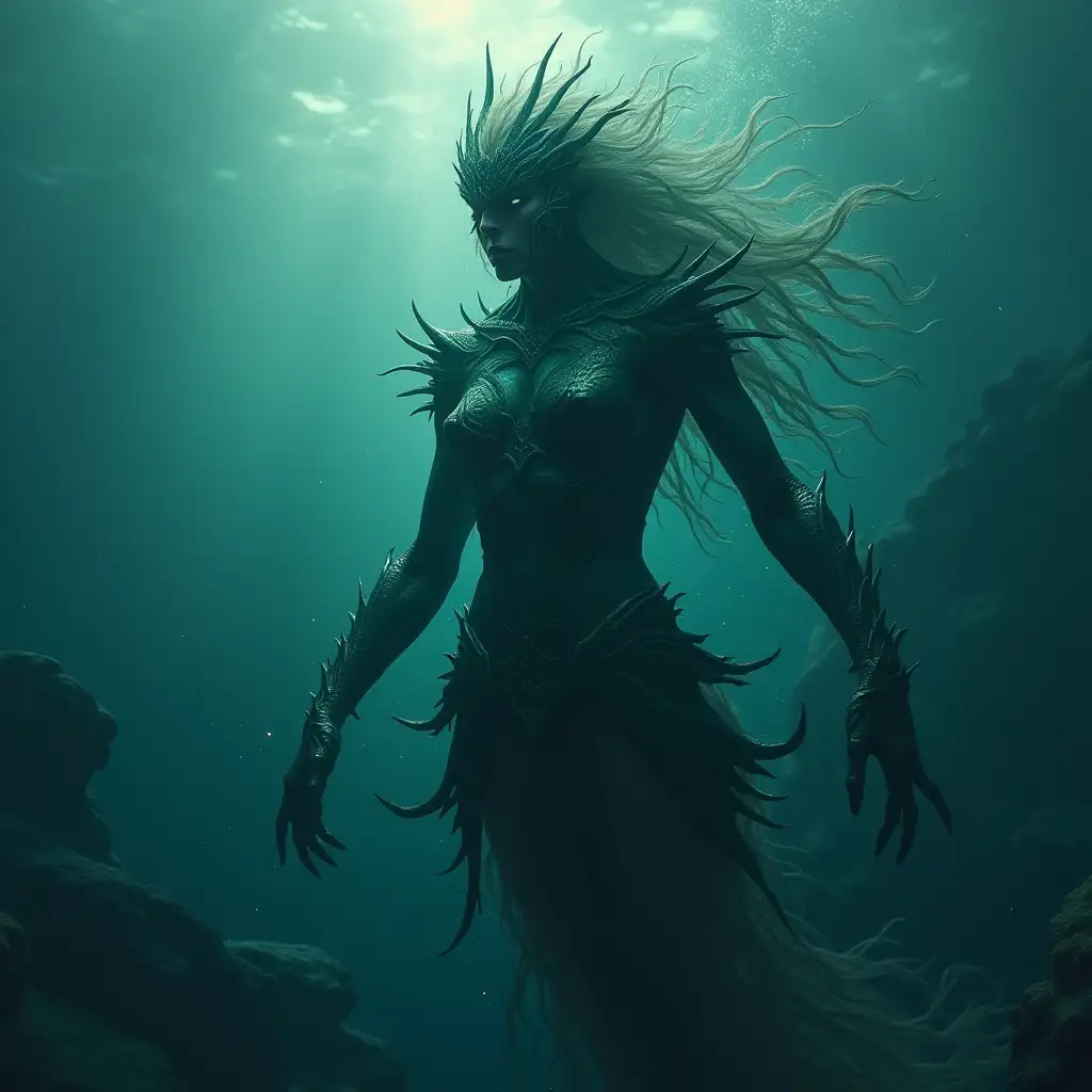 Imagine a creature rising from the depths of the sea: a powerful elf lady merged with the frightening features of an underwater monster.