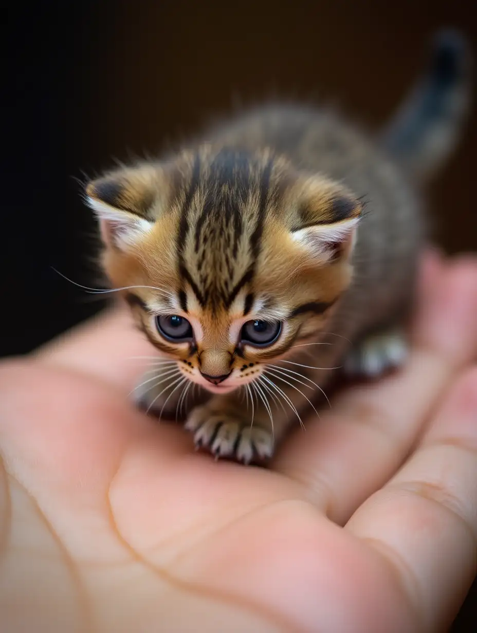 A tiny, brown tabby kitten with soft, fluffy fur, striking blue eyes playfully walks on the surface of a human fingertip, its tiny paws pressing gently into the skin. The kitten curiously explores, sniffing and tilting its head as it balances on the ridges of the fingerprint. Its whiskers twitch with excitement, and its tail flicks as it takes careful, cautious steps. The human hand remains steady, providing a stable platform as the kitten moves, with subtle lighting emphasizing the delicate textures of both the kitten’s fur and the fingertip's surface