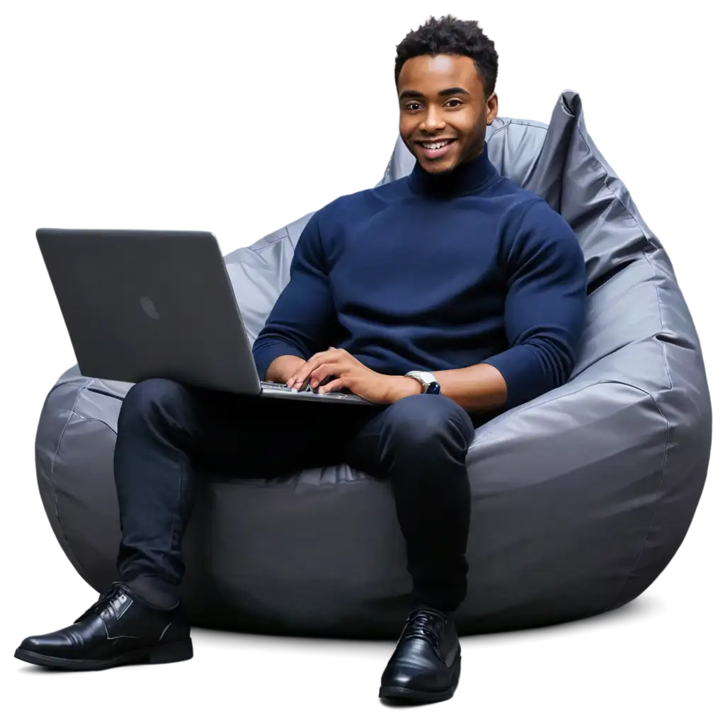 A young Black man sitting on a modern bean bag chair, smiling while using a laptop. The scene has a stylish, futuristic feel with a minimalistic background. Soft lighting, slight blue or purple gradient effect, and floating paper elements around. High-quality, professional look.