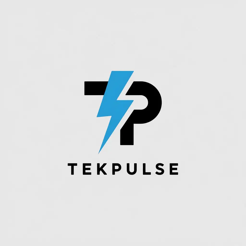 LOGO Design for TekPulse Shallow Blue Block Letters with Lightning and Minimalistic Technology Theme