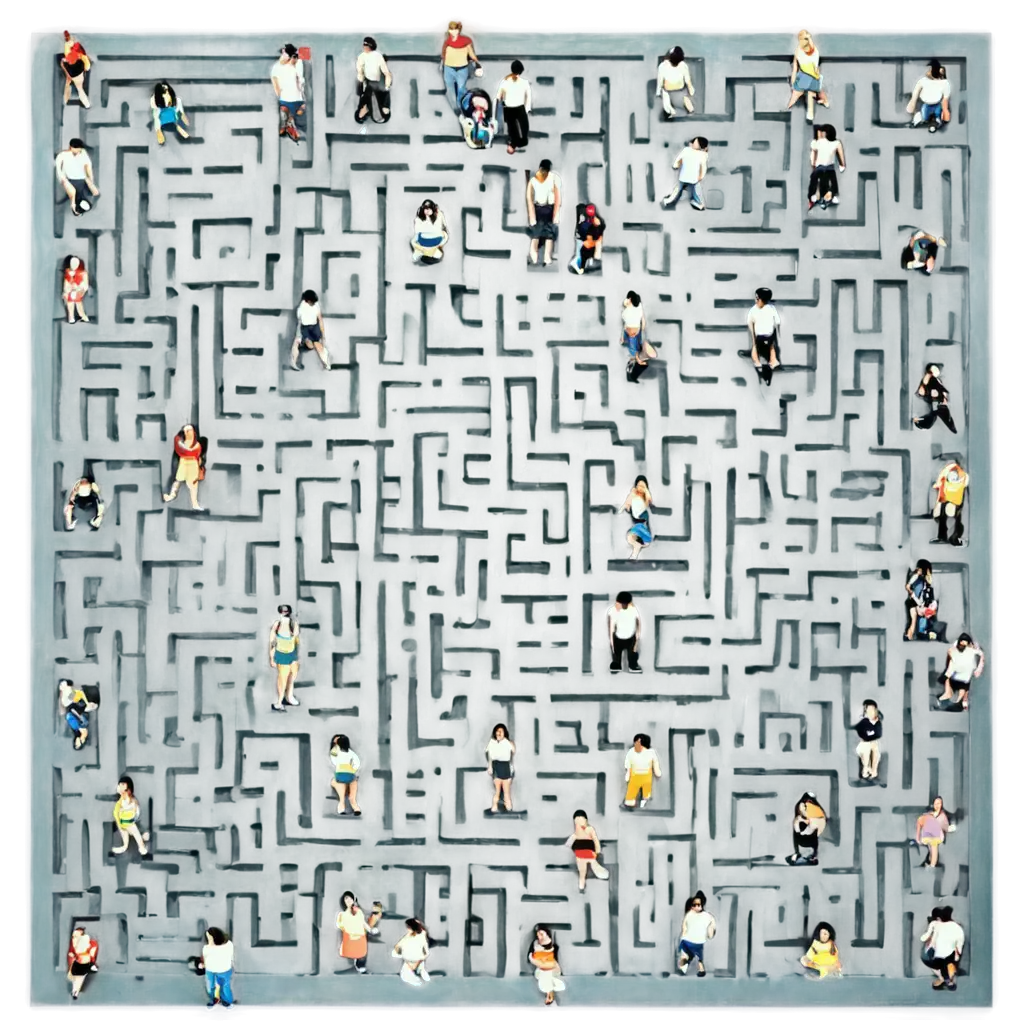 a square maze with lost people inside it, a top view