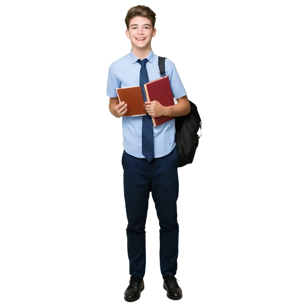 a male teenager wearing school uniform holding books and smiling